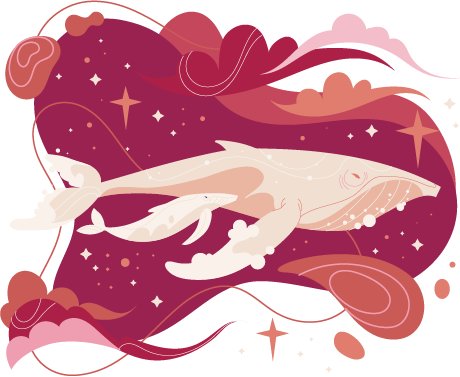 Baleine accompagnant son petit sur fond de nuages Baleine accompagnant son petit sur fond de nuages
